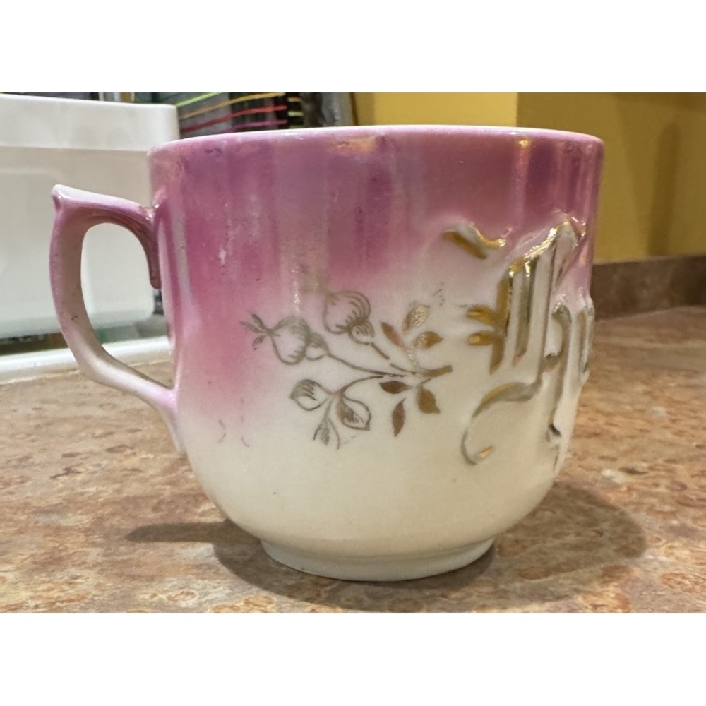 Antique German Porcelain Mustache Cup Pink Floral Raised HUSBAND Victorian As Is - Picture 3 of 10
